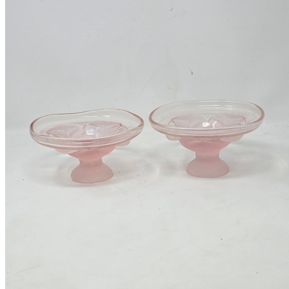 Vtg 2 Viking Glass pedestal bowl pink satin frosted compote candy dish MCM